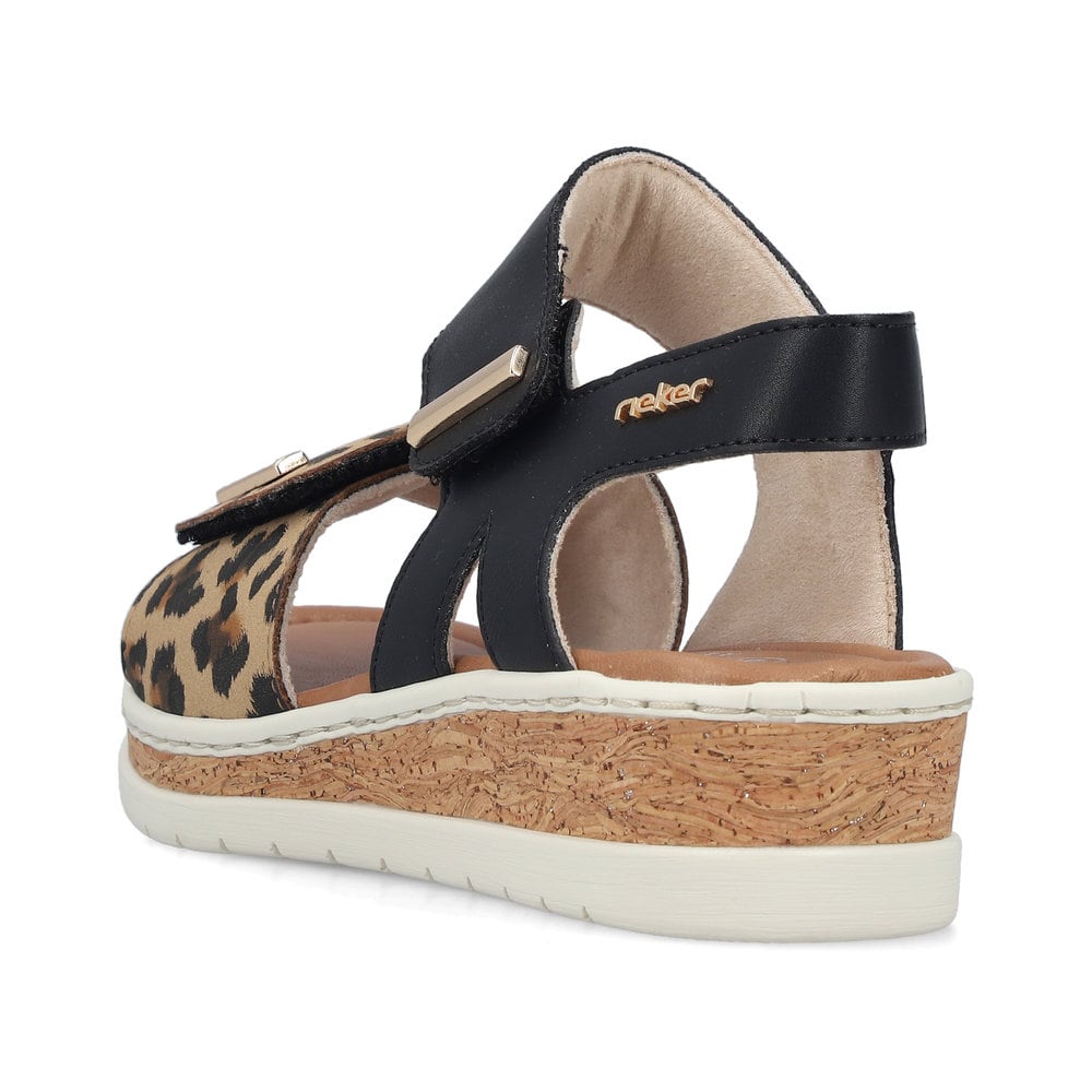 Schwarze Rieker Damen Riemchensandalen V4181-00 mit angesagtem Animal-Print. Schuh von hinten.