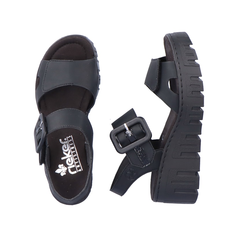 Schwarze vegane Rieker Keilsandaletten 68050-00 mit trendigen Schnalle. Schuh von oben, liegend.
