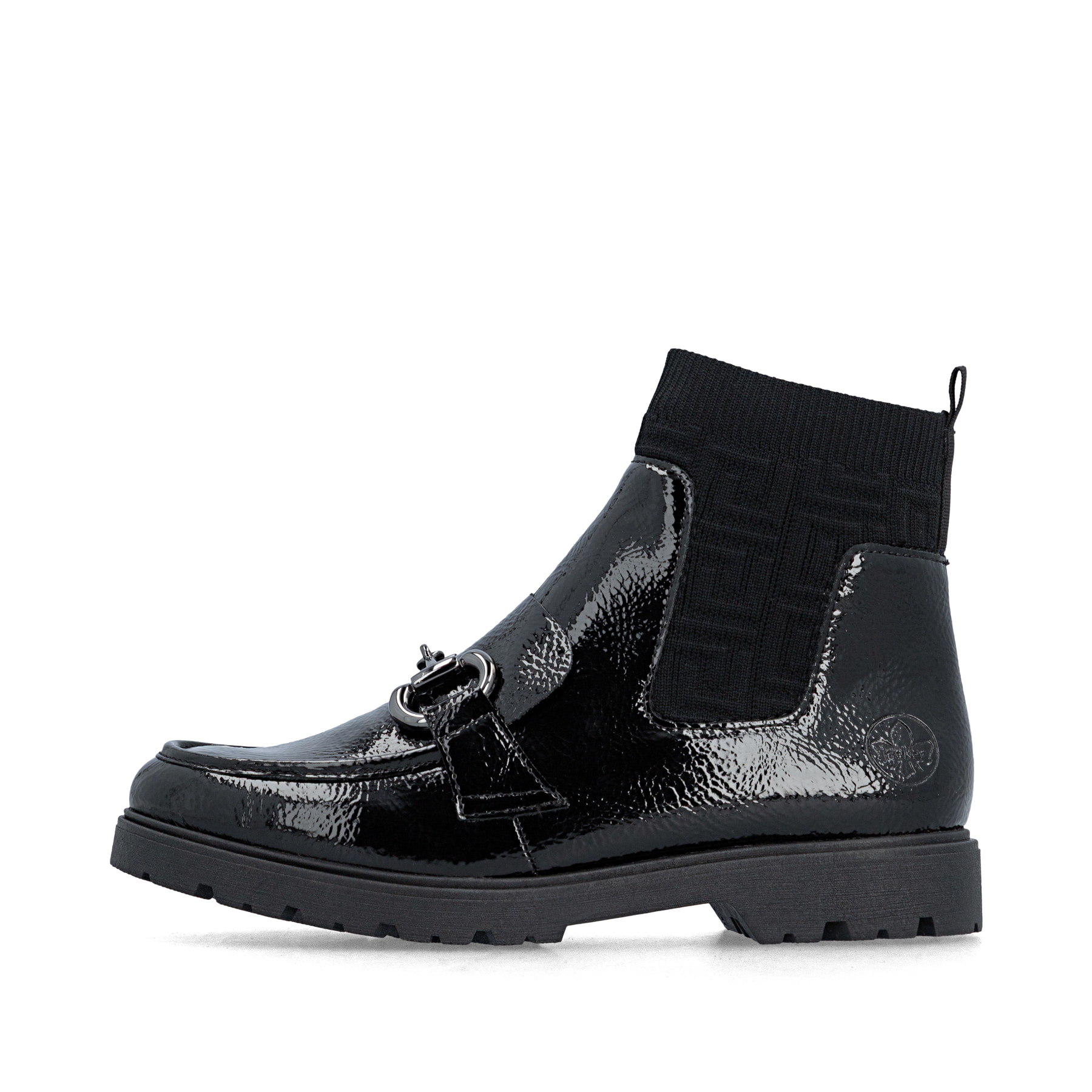 Schwarze Rieker Damen Kurzstiefel 45573-00 mit Schmuckelementen sowie Gummizug. Schuh Außenseite.