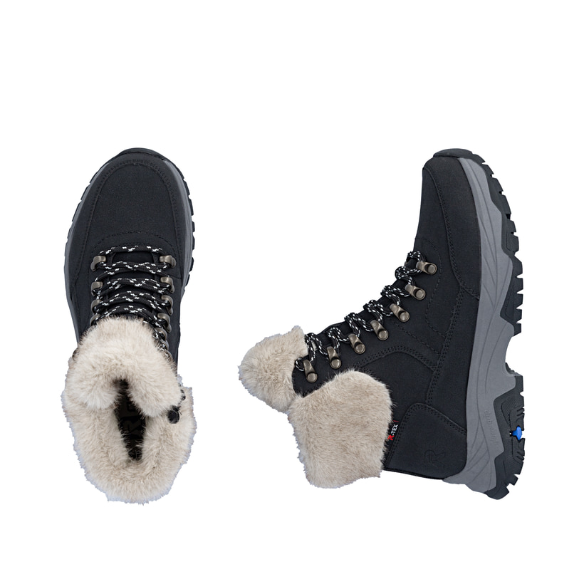 Schwarz-beige Rieker Damen Schnürstiefel Z3971-00 aus Rauleder mit Glacier Grip. Schuh von oben, liegend.