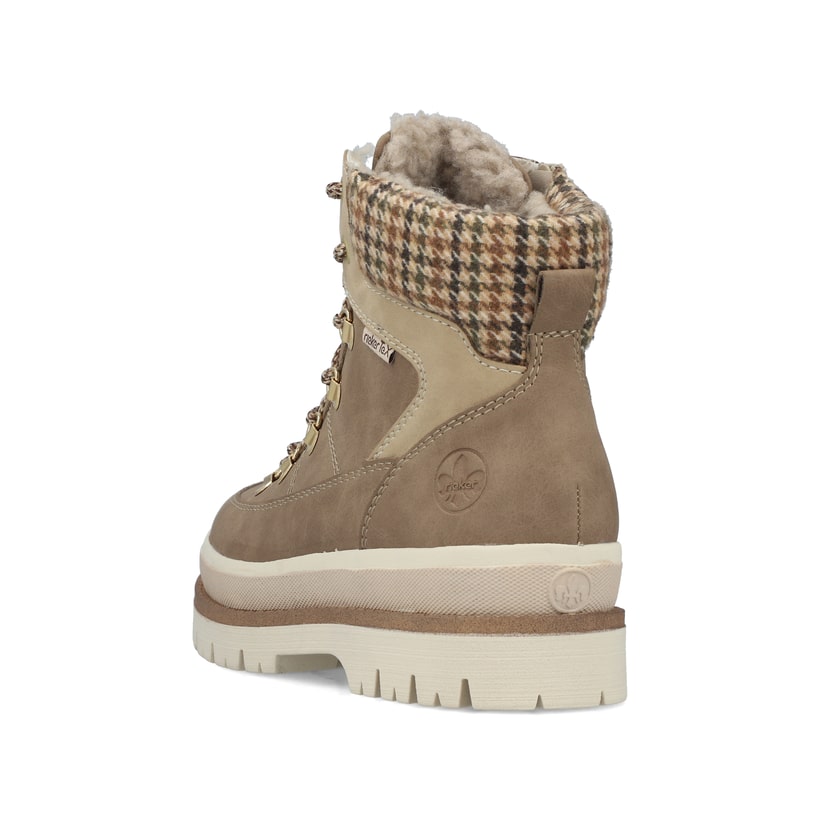 Beige Rieker Damen Schnürstiefel Y6210-64 mit wasserabweisender TEX-Membran. Schuh von hinten.