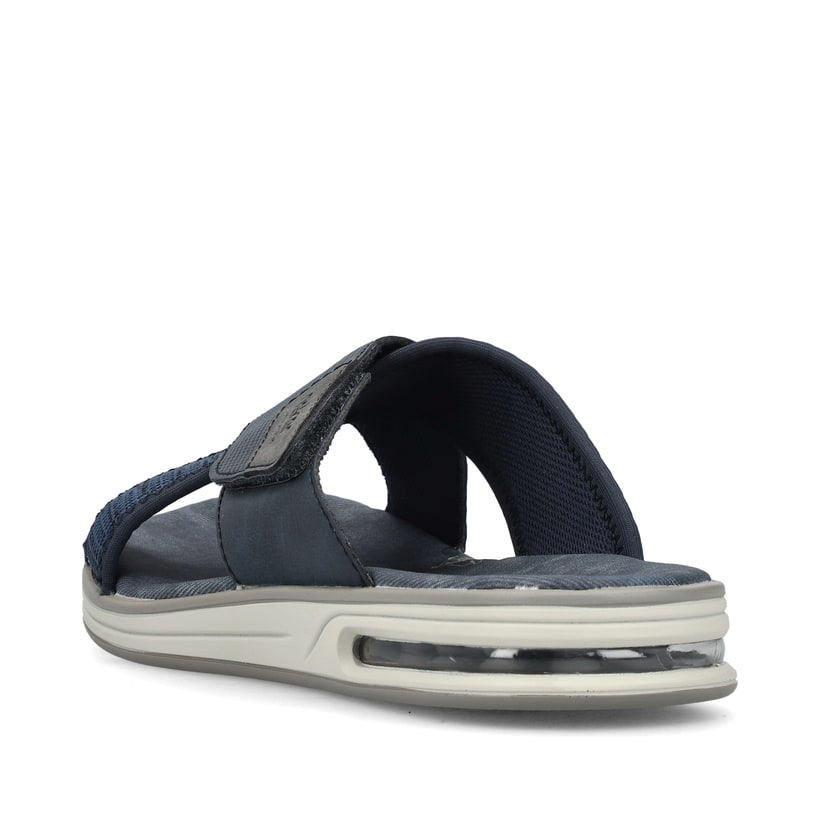 Blaue Rieker Herren Pantoletten 29083-14 mit Rieker Air Sohlenfenster. Schuh von hinten.