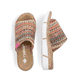 Mehrfarbige vegane Rieker Damen Pantoletten V2369-90 mit schmaler Passform E 1/2. Schuh von oben, liegend.