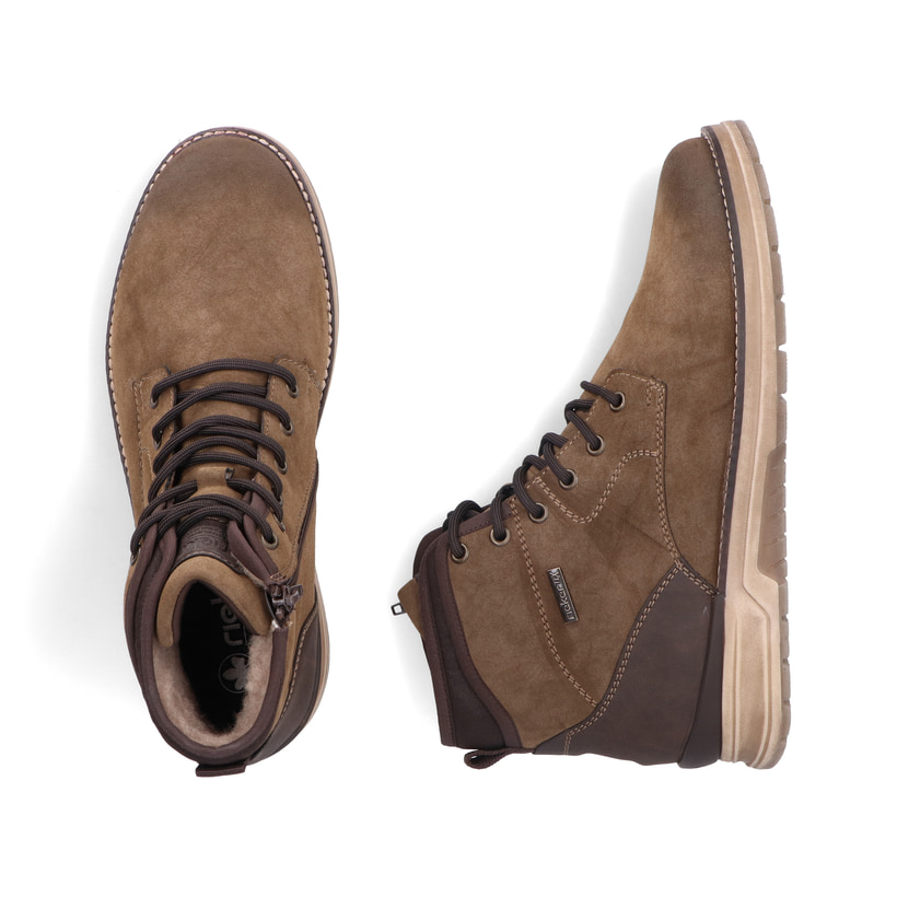 Braune Rieker Herren Schnürstiefel 32331-25 mit wasserabweisender TEX-Membran. Schuh von oben, liegend.