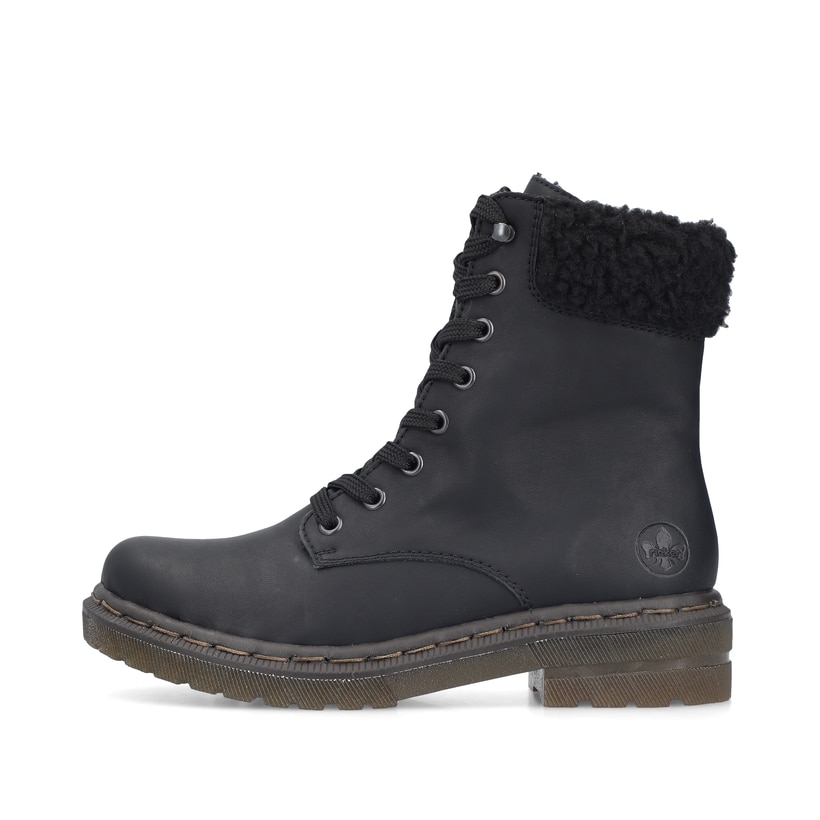 Schwarze Rieker Damen Schnürstiefel 78220-00 mit einem Reißverschluss. Schuh Außenseite.