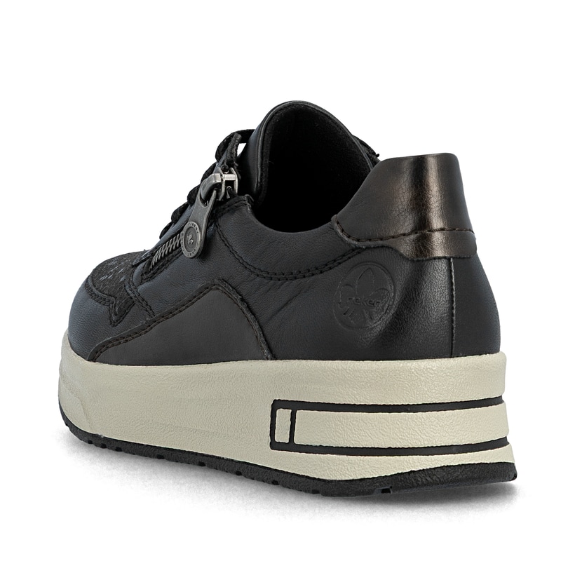Schwarze Rieker Damen Sneaker Low N8114-00 aus Glattleder mit Reißverschluss. Schuh von hinten.