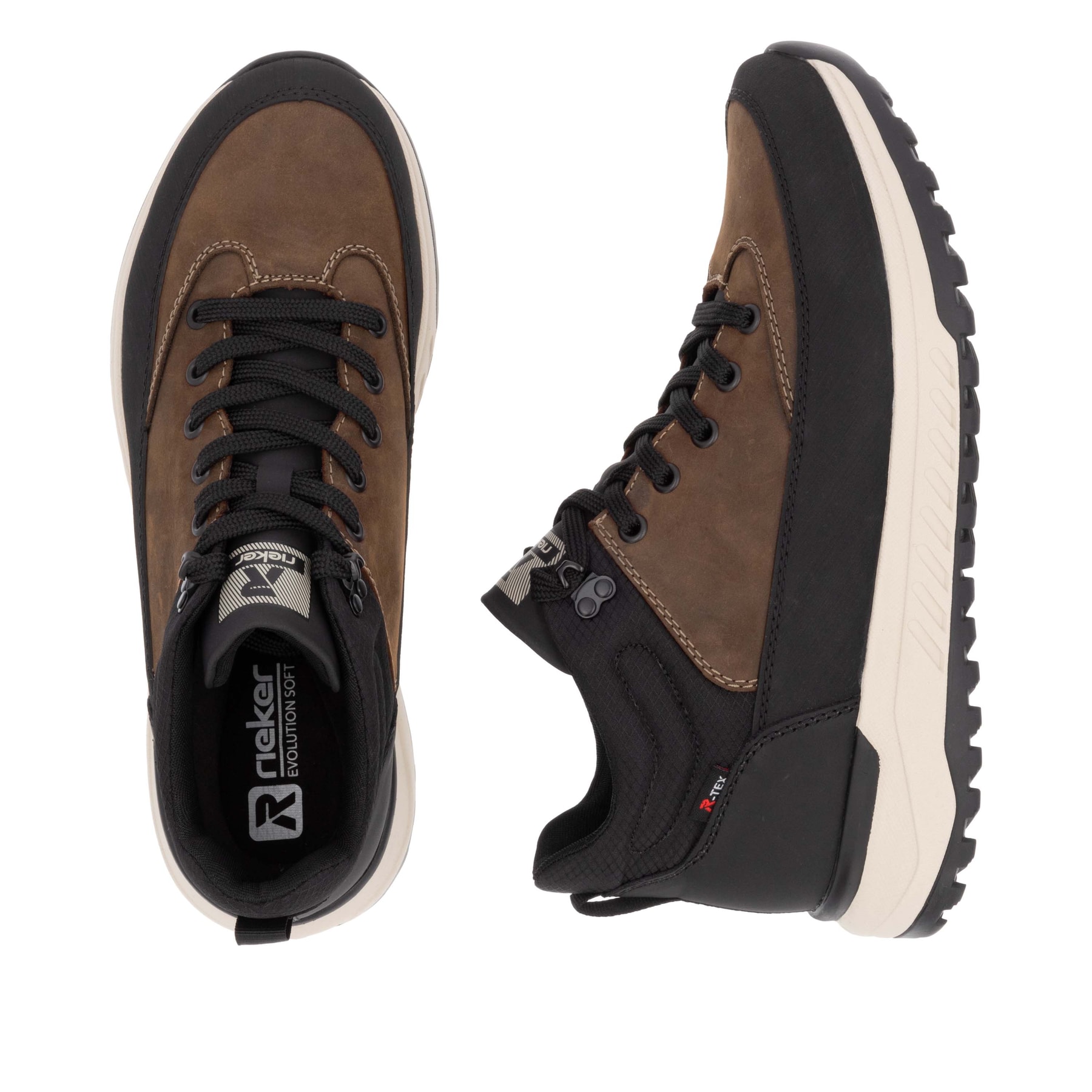 Braune Rieker Herren Schnürstiefel U0173-22 mit wasserabweisender TEX-Membran. Schuh von oben, liegend.