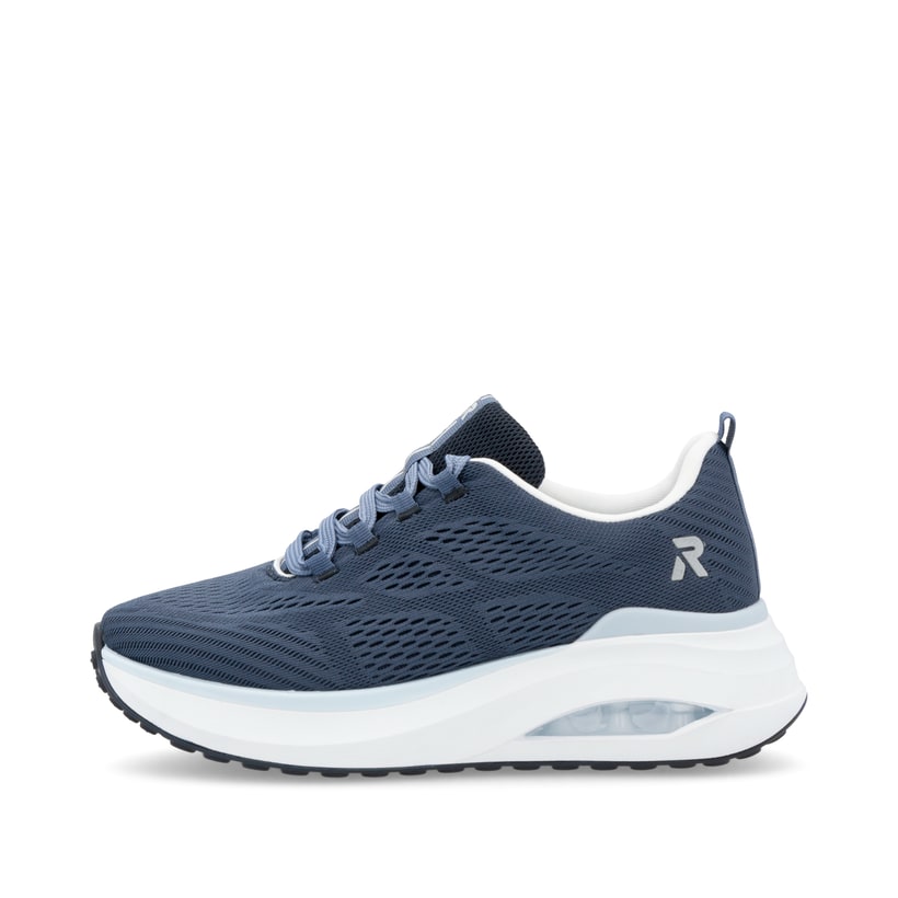 Blaue vegane Rieker Damen Sneaker Low W2701-14 mit einer Schnürung. Schuh Außenseite.