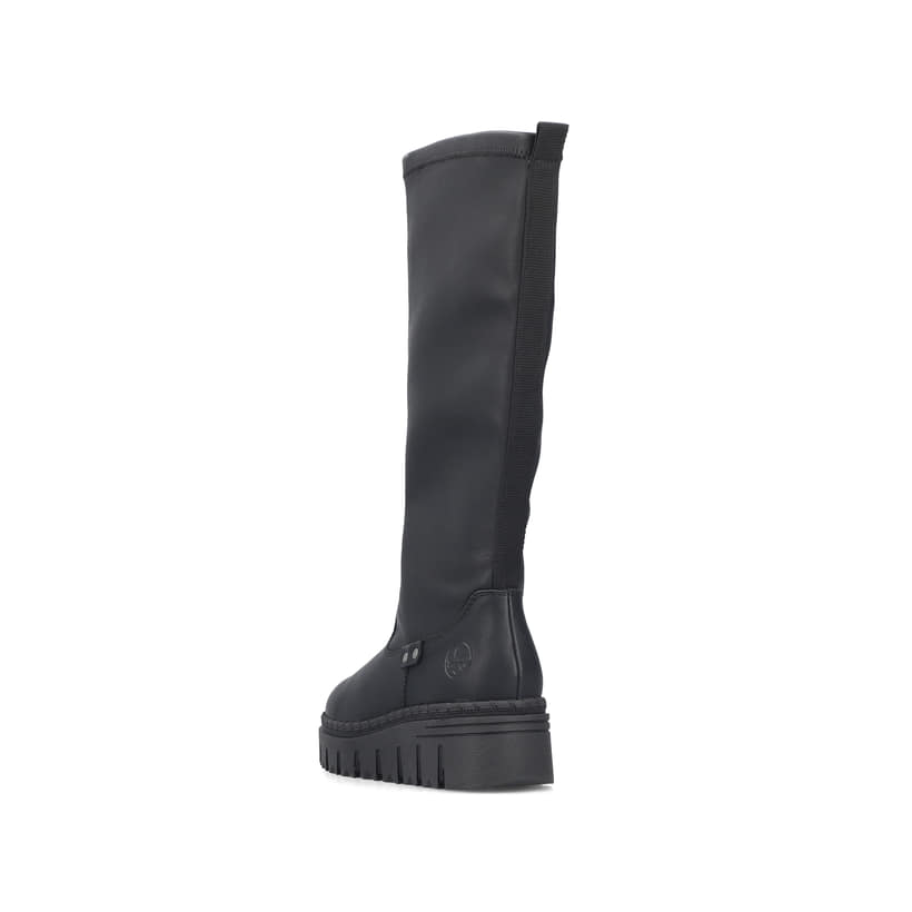 Schwarze Rieker Damen Hochschaftstiefel Z8990-00 mit einem Reißverschluss. Schuh von hinten.