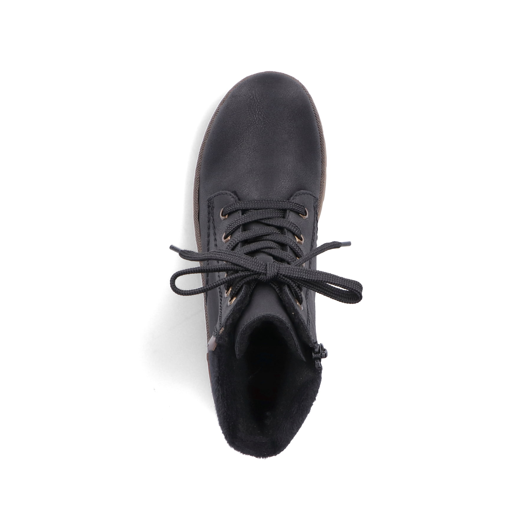Graphitschwarze Rieker Damen Schnürstiefel Y7418-00 mit einer robusten Profilsohle. Schuh von oben