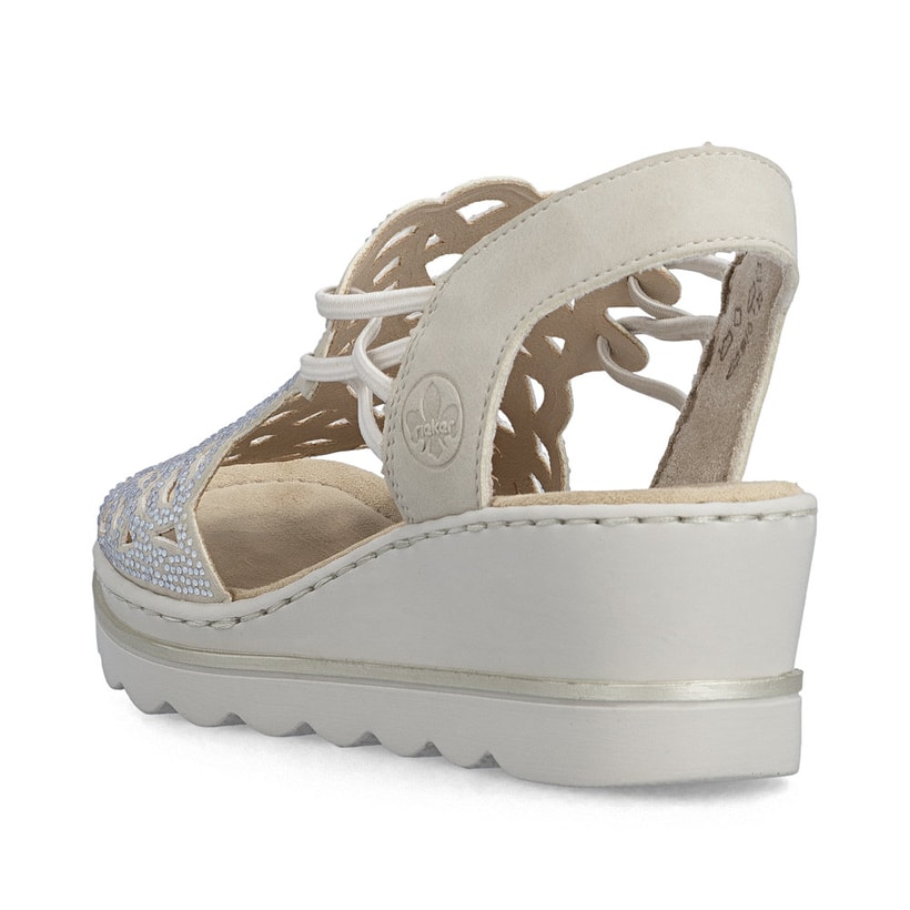 Beige Rieker Keilsandaletten 67465-62 mit Strasssteinen sowie einem Gummizug. Schuh von hinten.