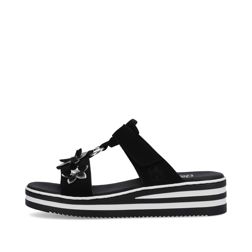 Schwarze Rieker Damen Pantoletten V0228-01 mit einem Klettverschluss. Schuh Außenseite.