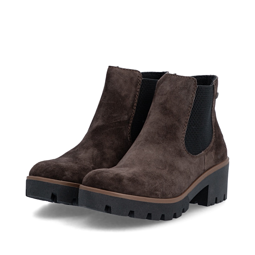 Dunkelbraune Rieker Damen Chelsea Boots 79265-25 aus Rauleder mit einem Gummizug. Schuhpaar seitlich schräg.