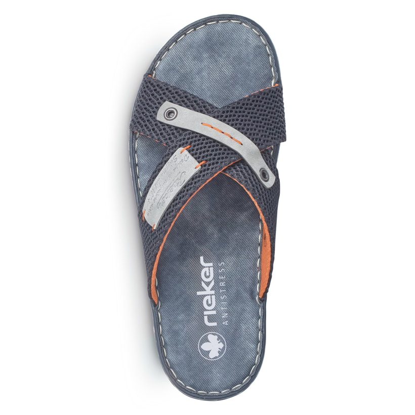 Blaue Rieker Herren Pantoletten 21539-14 mit Komfortweite G sowie leichter Sohle. Schuh von oben.