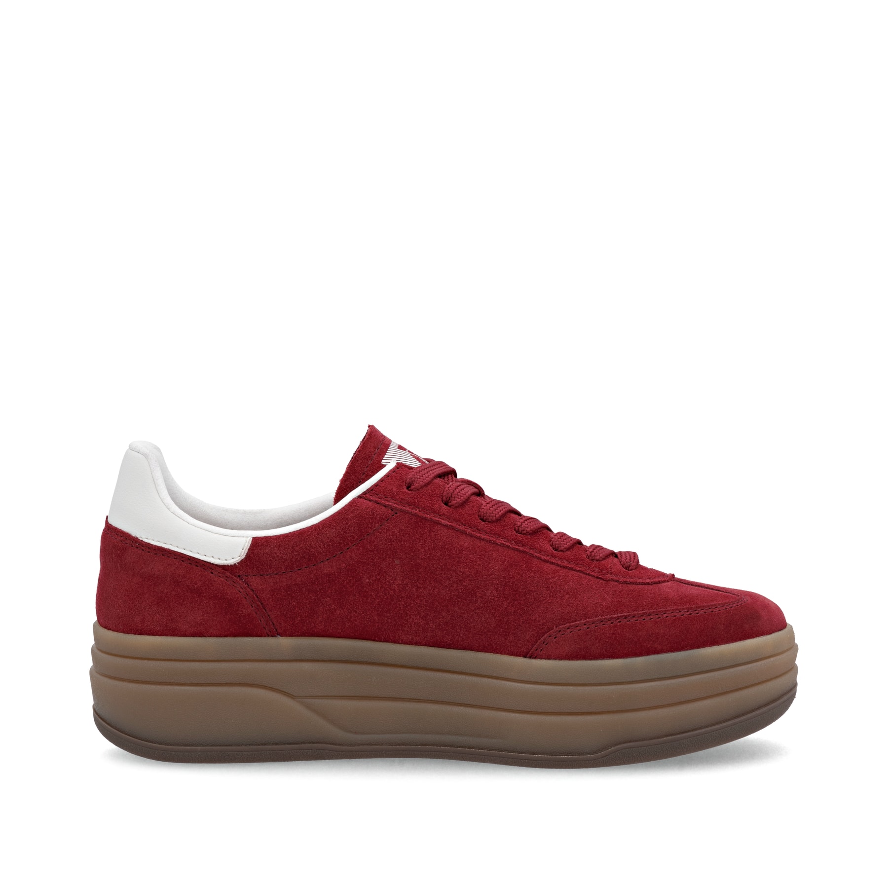 Baskets basses Rieker rouges pour femme W3700-35 avec lacets. Intérieur de la chaussure.