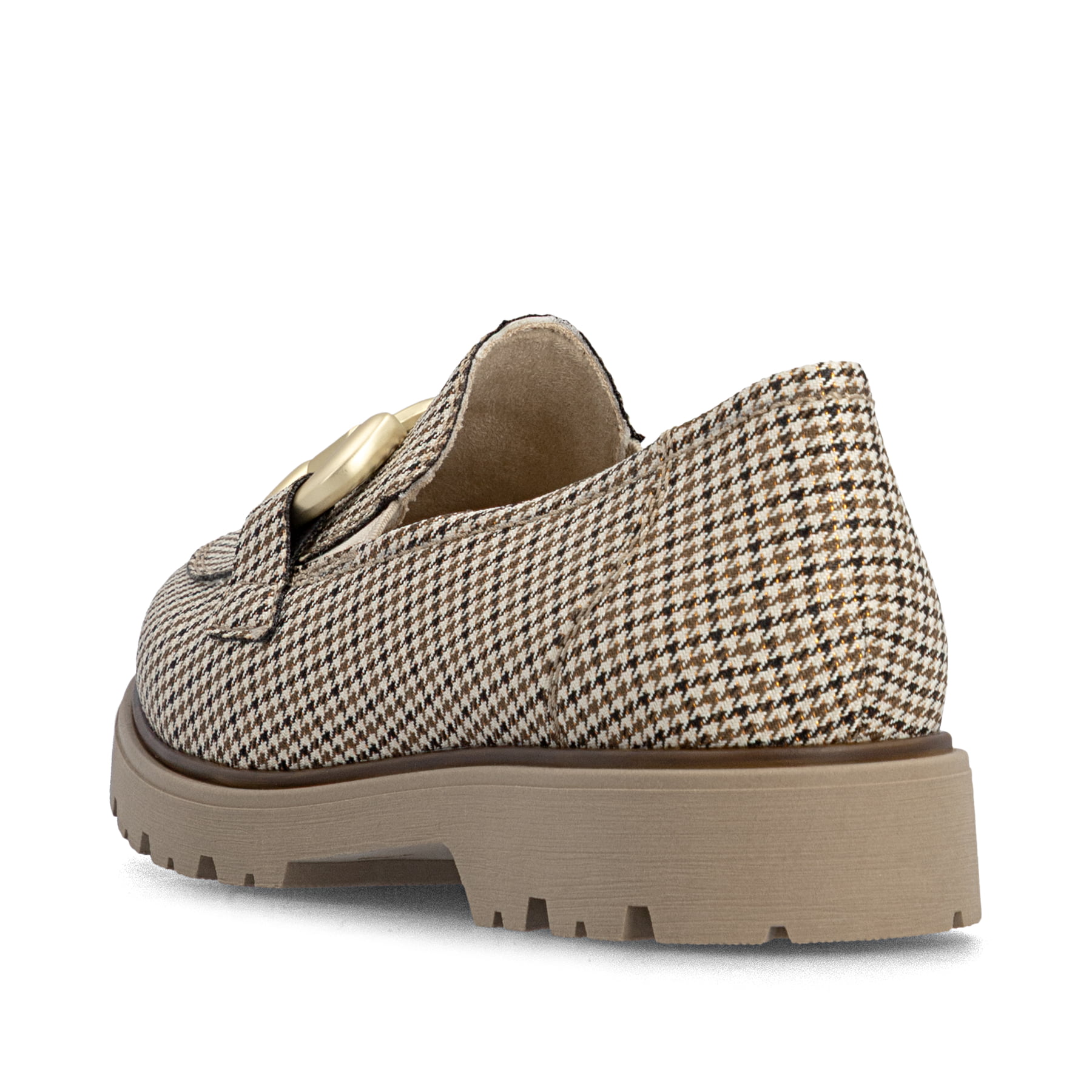 Mocassins Rieker beiges pour femmes 45561-60 avec éléments décoratifs. Chaussure vue de l'arrière.