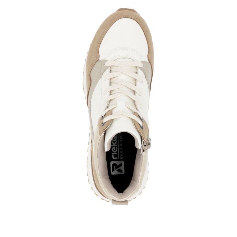 Weiße Rieker Damen Sneaker High W0672-80 mit einer griffigen und leichten Sohle. Schuh von oben.