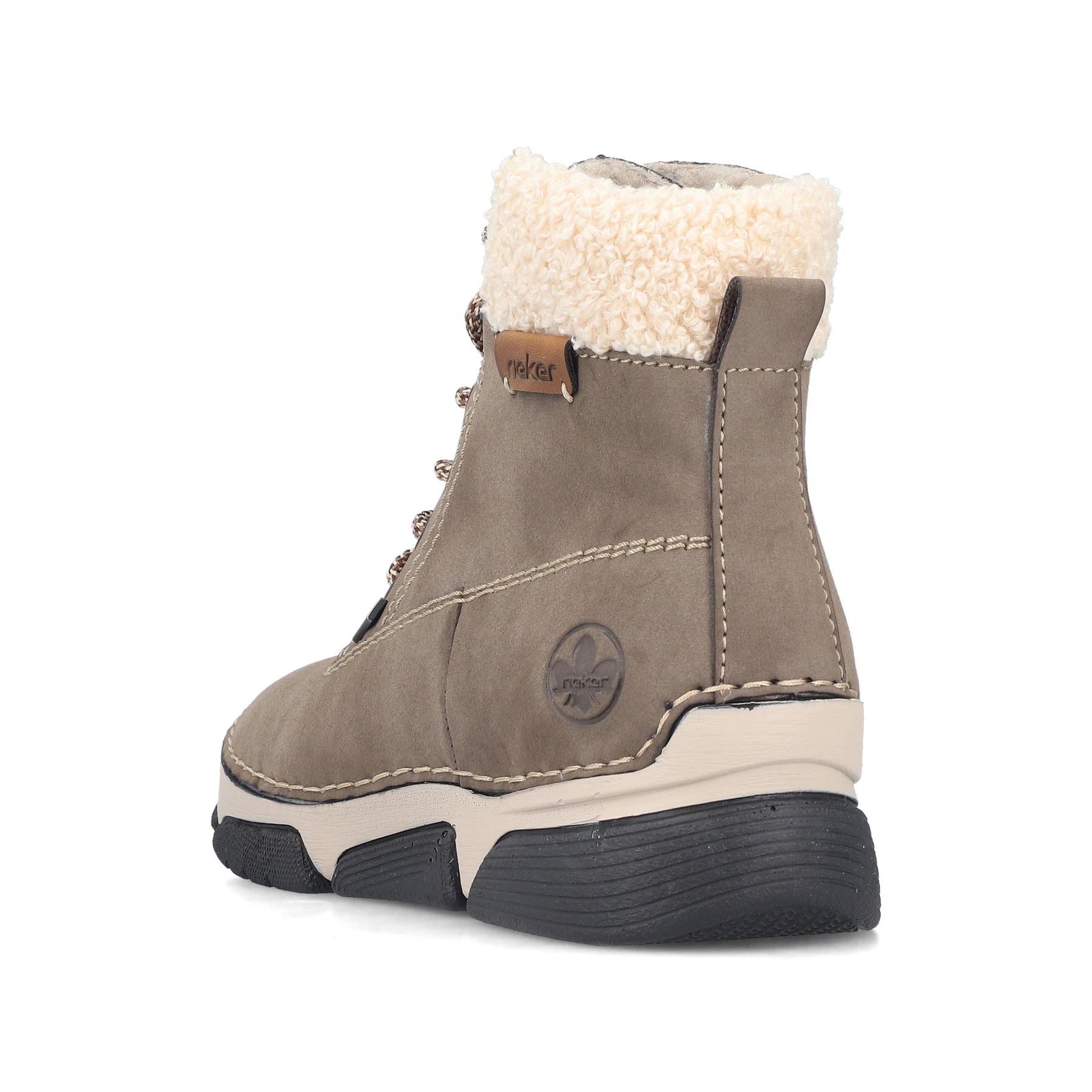 Grau-beige Rieker Damen Schnürstiefel 45925-25 mit wasserabweisender TEX-Membran. Schuh von hinten.