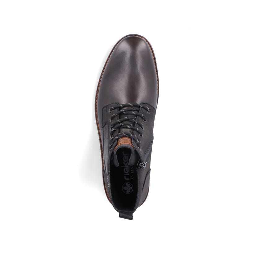 Bottes à lacets Rieker noires foncées F4521-46 avec fermeture éclair. Vue d’en haut.