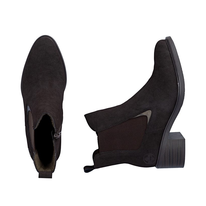 Chelsea Boots Rieker marron pour femmes 74160-25 avec fermeture éclair. Chaussure vue de dessus, couchée.