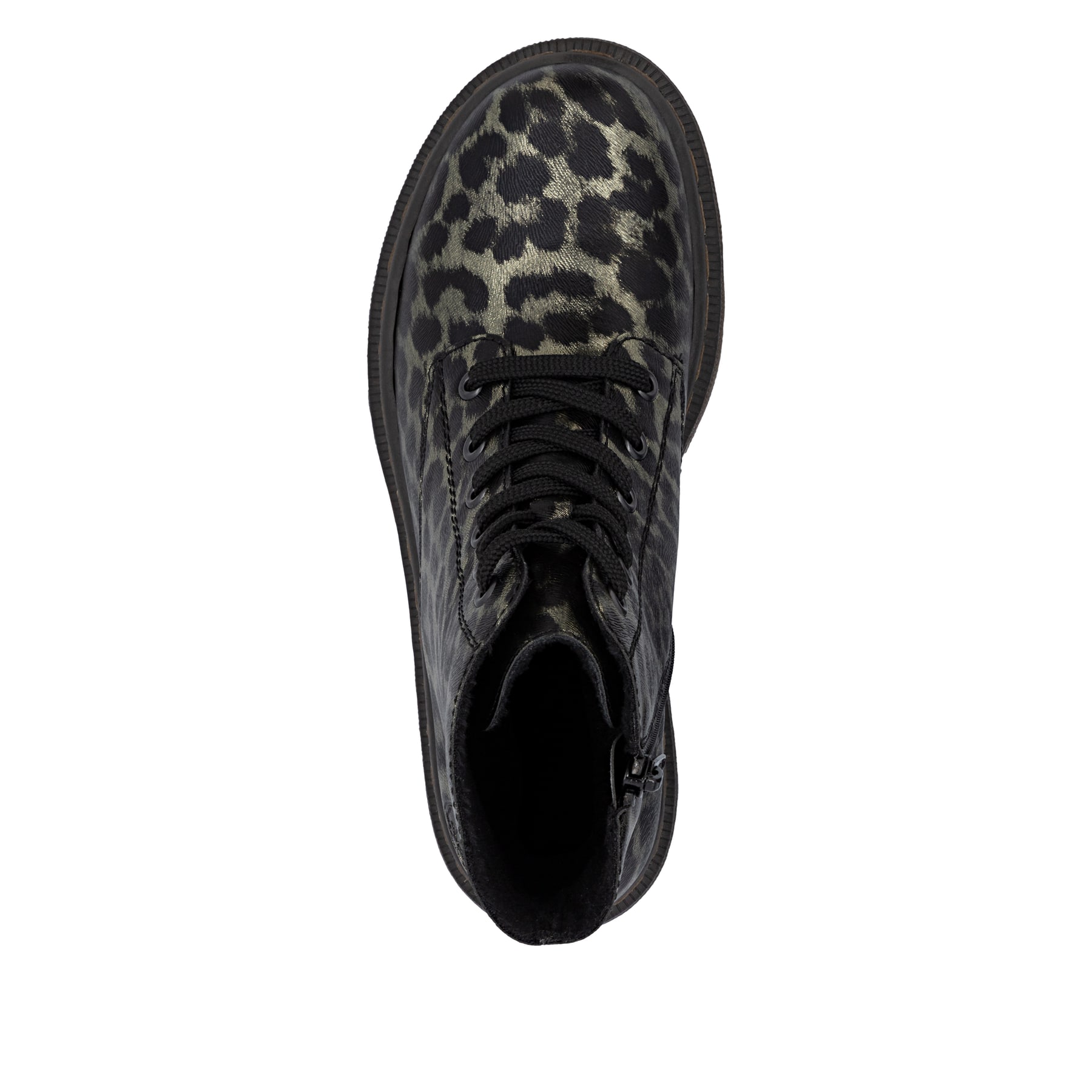 Gold-schwarze Rieker Damen Biker Boots 78240-90 mit einem Reißverschluss. Schuh von oben.