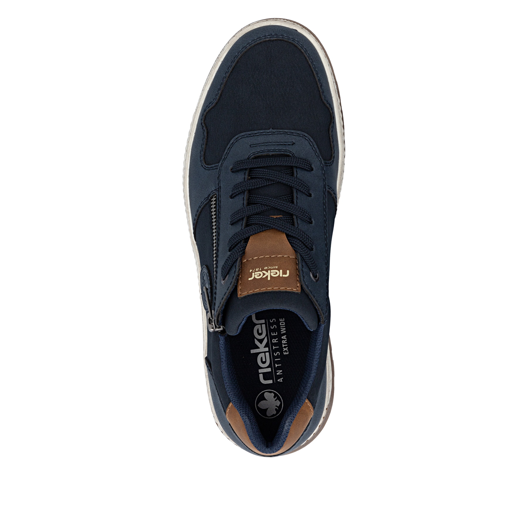 Baskets basses Rieker bleues pour homme 37029-14 avec détails marrons. Semelle extérieure de la chaussure.