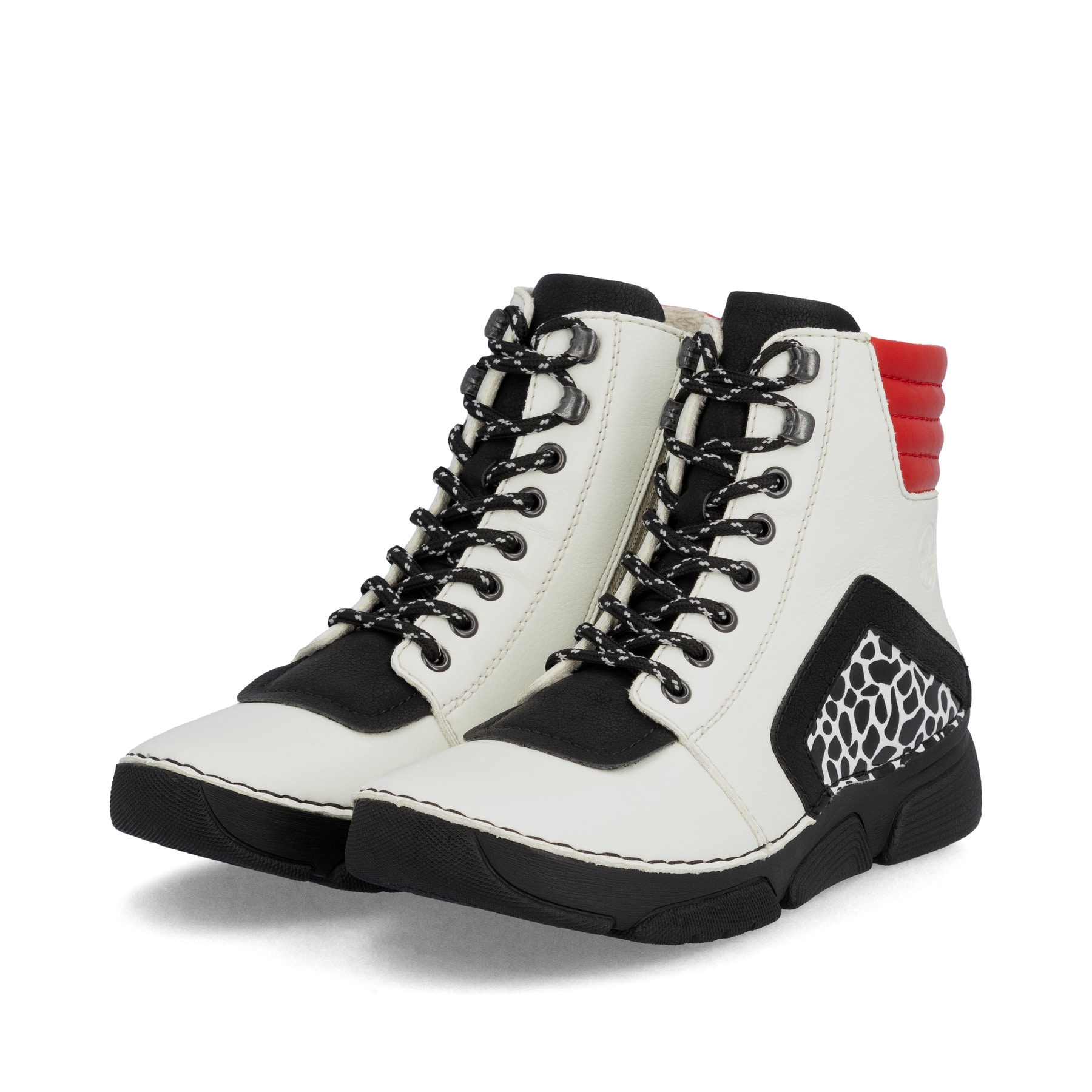 Weißschwarze Rieker Damen Schnürstiefel 45904-60 mit einem Reißverschluss. Schuhpaar seitlich schräg.