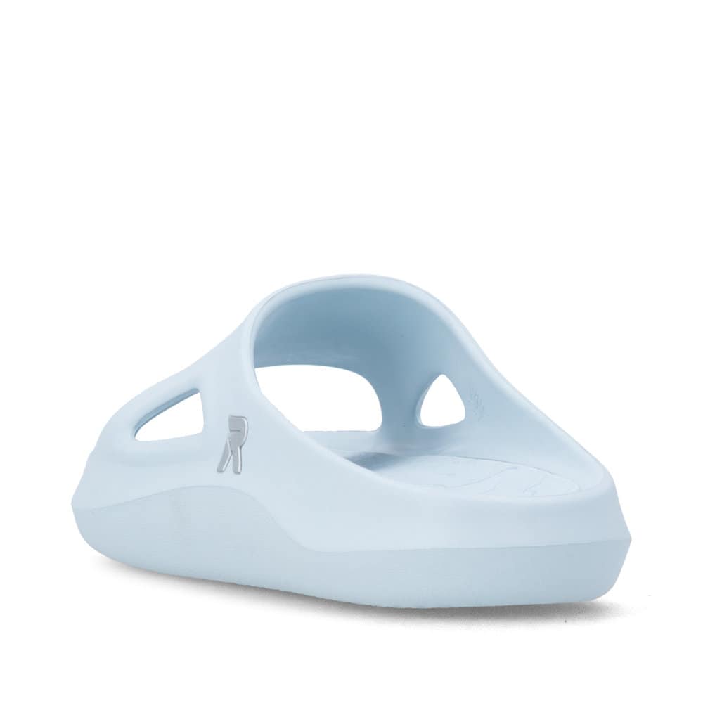 Blaue Rieker Damen Pantoletten W3450-11 mit flexibler und ultraleichter Sohle. Schuh von hinten.