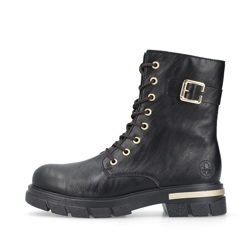 
Nachtschwarze Rieker Damen Biker Boots Z9133-00 mit Schnürung und Reißverschluss. Schuh Außenseite