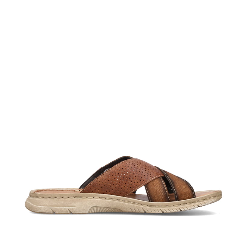 Braune Rieker Herren Pantoletten 21384-25 mit glänzenden Zierösen. Schuh Innenseite.