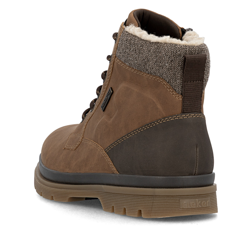 Braune Rieker Herren Schnürstiefel F7010-24 mit wasserabweisender TEX-Membran. Schuh von hinten.