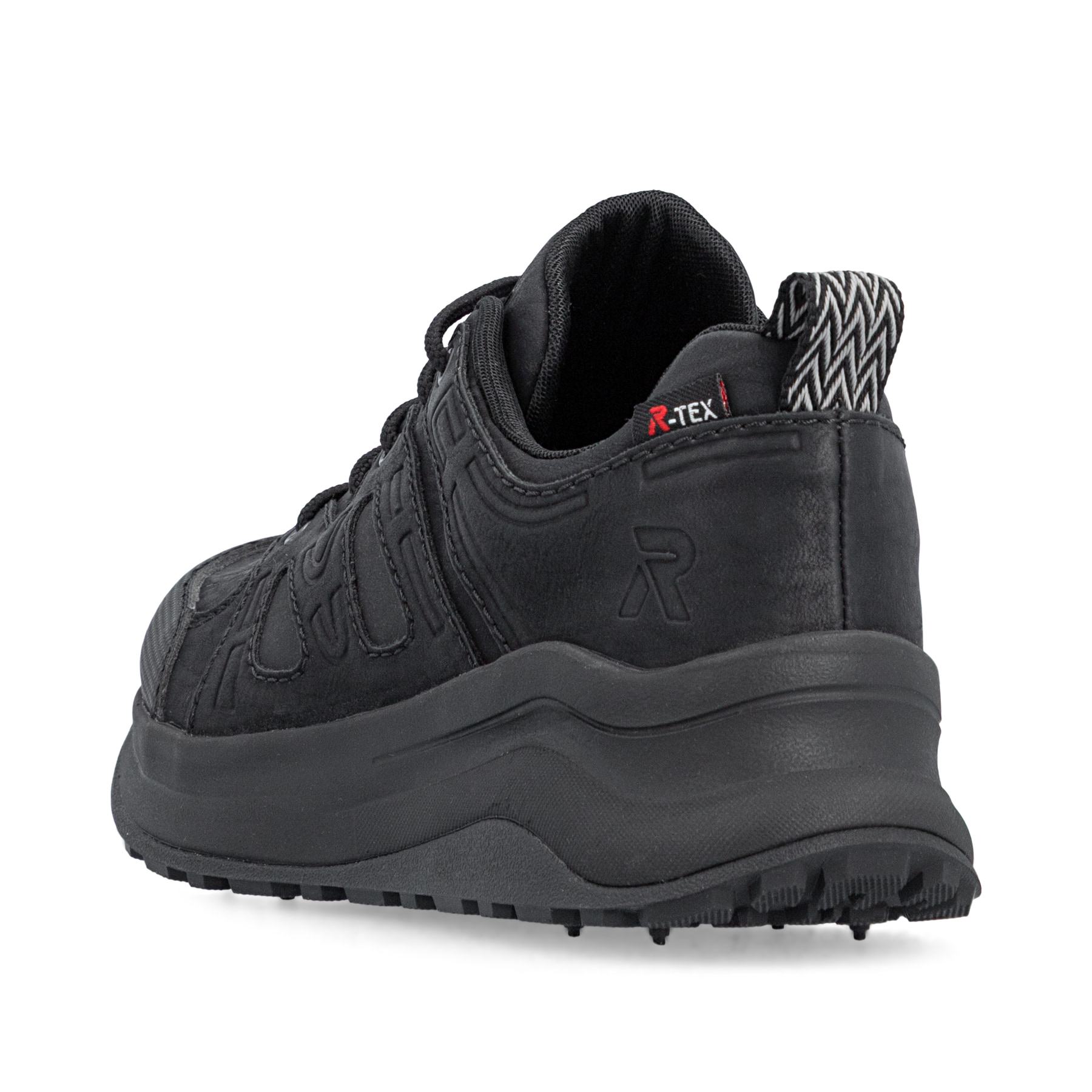 Schwarze Rieker Damen Sneaker Low Z0900-00 mit wasserabweisender TEX-Membran. Schuh von hinten.