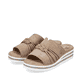Beige Rieker Damen Pantoletten V0297-62 mit der schmalen Passform E 1/2. Schuhpaar seitlich schräg.