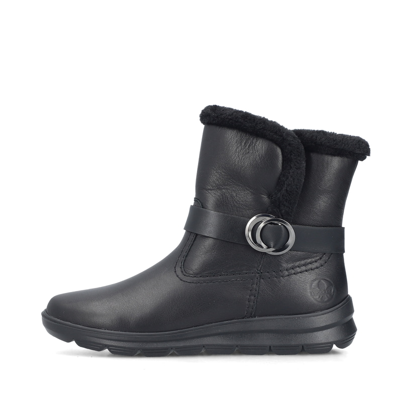 Schwarze Rieker Damen Kurzstiefel Z0081-00 aus Glattleder mit weichem Kragen. Schuh Außenseite.