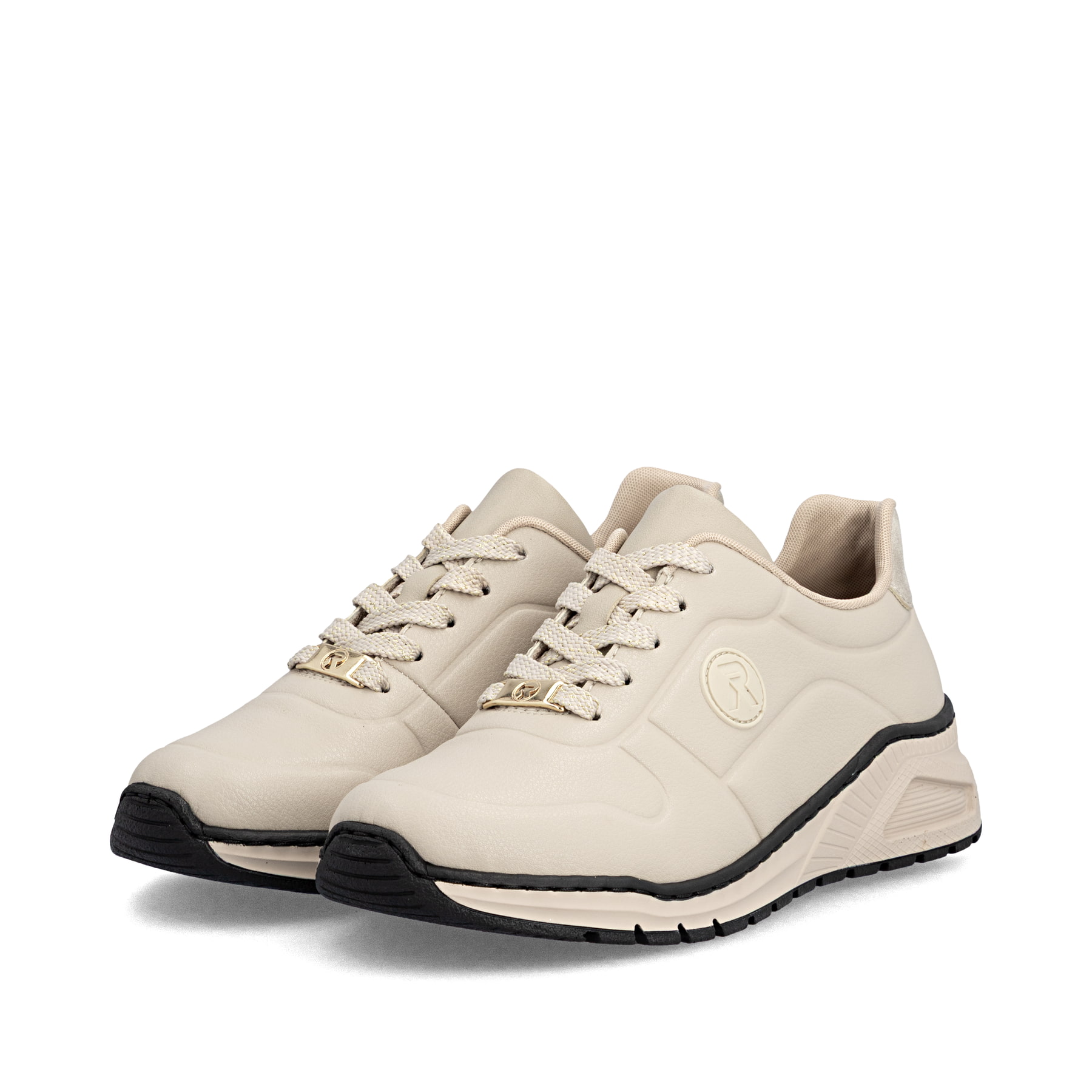 Beige Rieker Damen Sneaker Low M4903-61 aus Glattleder mit einer Schnürung. Schuhpaar seitlich schräg.
