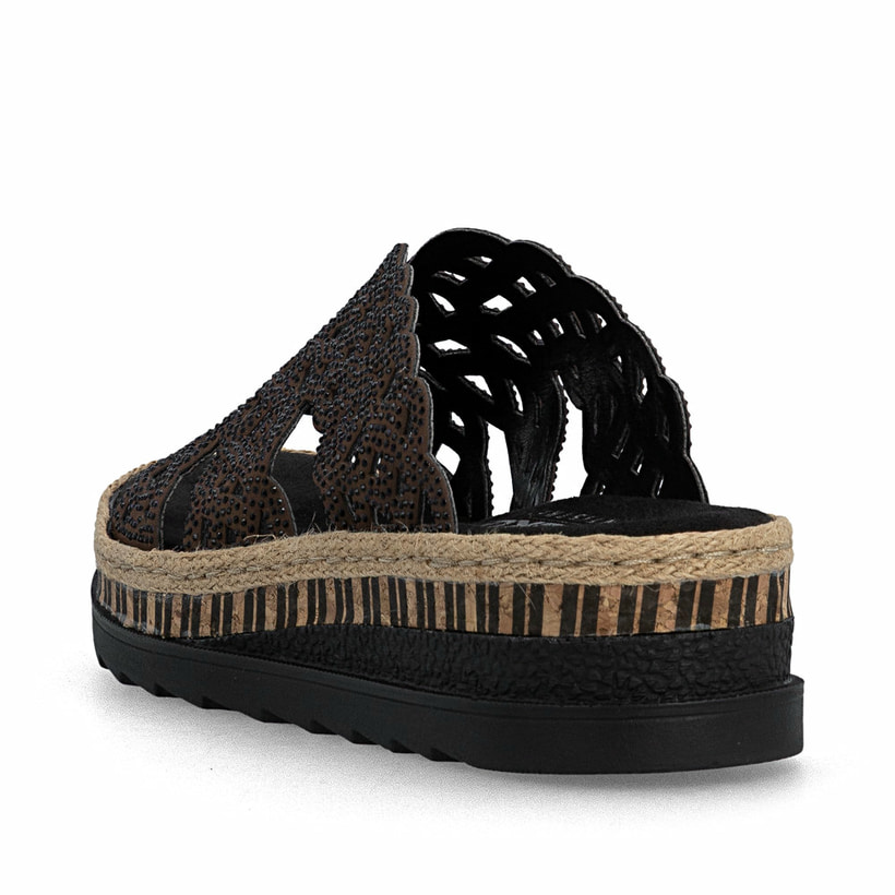 Dunkelbraune Rieker Damen Pantoletten V7992-24 mit Strasssteinen. Schuh von hinten.