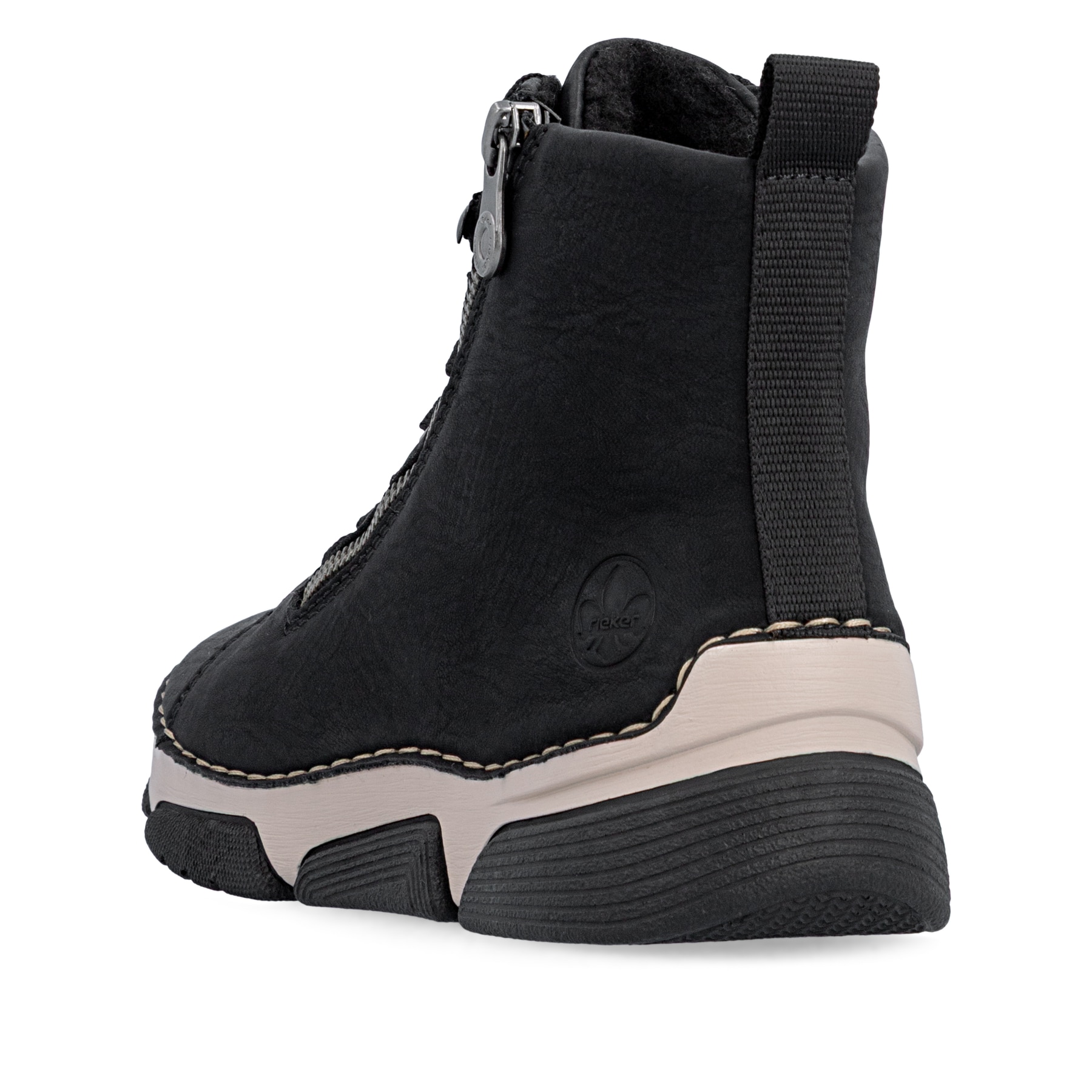 Schwarze Rieker Damen Schnürstiefel 45920-01 mit markanter Anflechter-Naht. Schuh von hinten.
