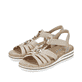 Beige Rieker Keilsandaletten V0649-62 mit Schmuckelementen sowie einem Gummizug. Schuhpaar seitlich schräg.