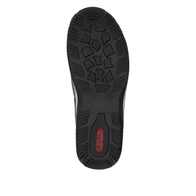 Grüne Rieker Damen Slipper L0574-54 mit einem Gummizug. Schuh Laufsohle.
