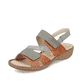 Grüngraue Rieker Damen Riemchensandalen 60866-54 mit einem Klettverschluss. Schuh seitlich schräg.