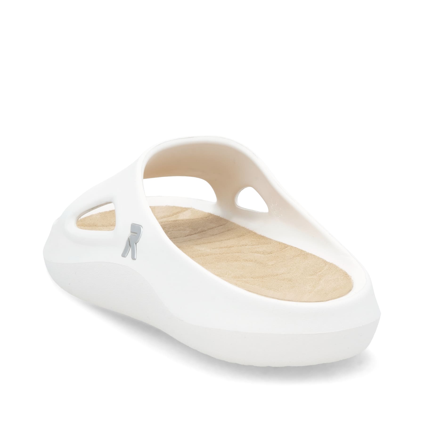 Weiße Rieker Damen Pantoletten W3350-80 mit ultraleichter und flexibler Sohle. Schuh von hinten.