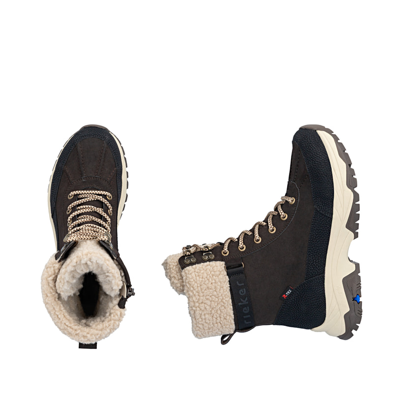 Dunkelbraun-beige Rieker Damen Schnürstiefel Z3901-25 mit dem Glacier Grip. Schuh von oben, liegend.
