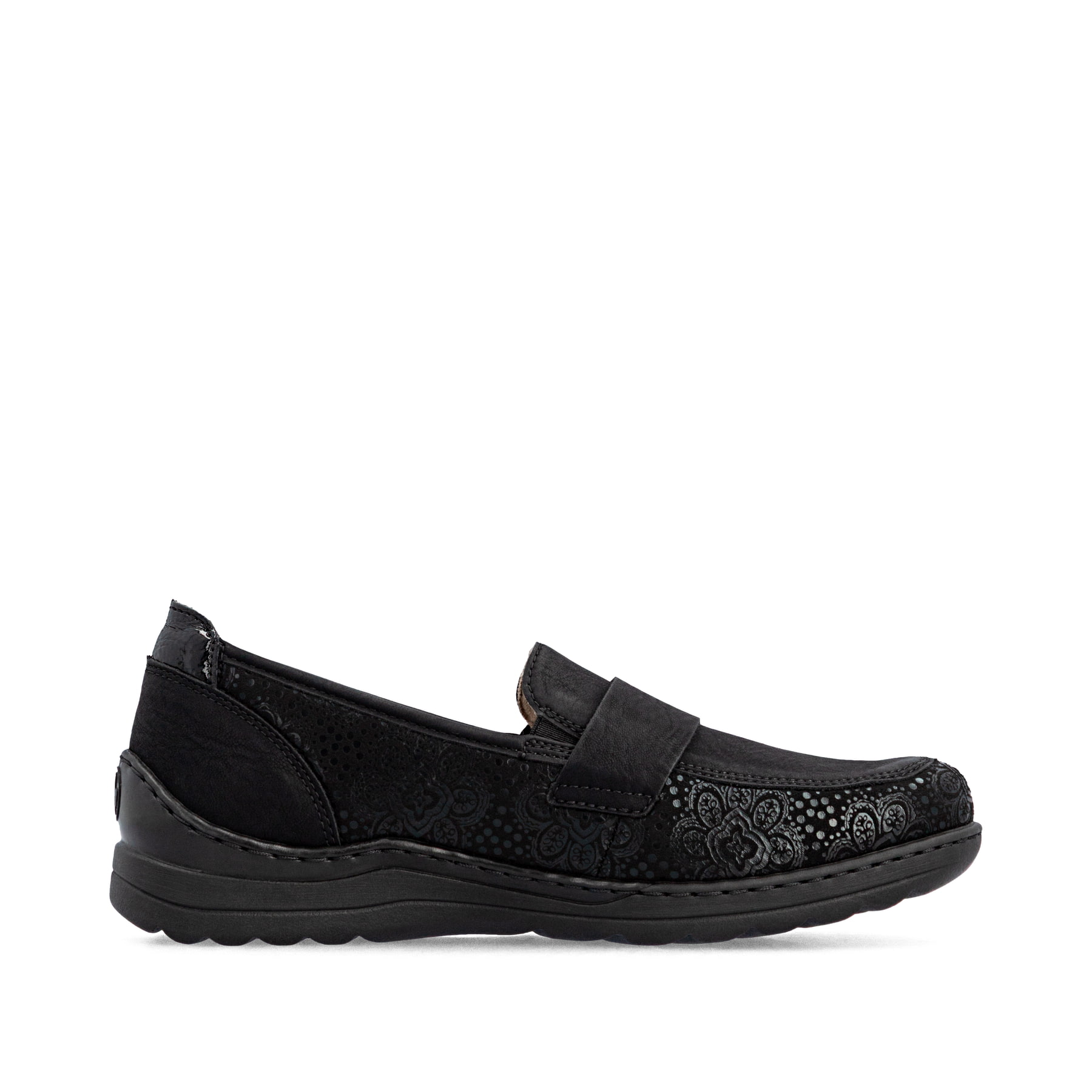 Mocassins Rieker noirs pour femmes 48968-00 avec bande élastique. Côté intérieur de la chaussure.