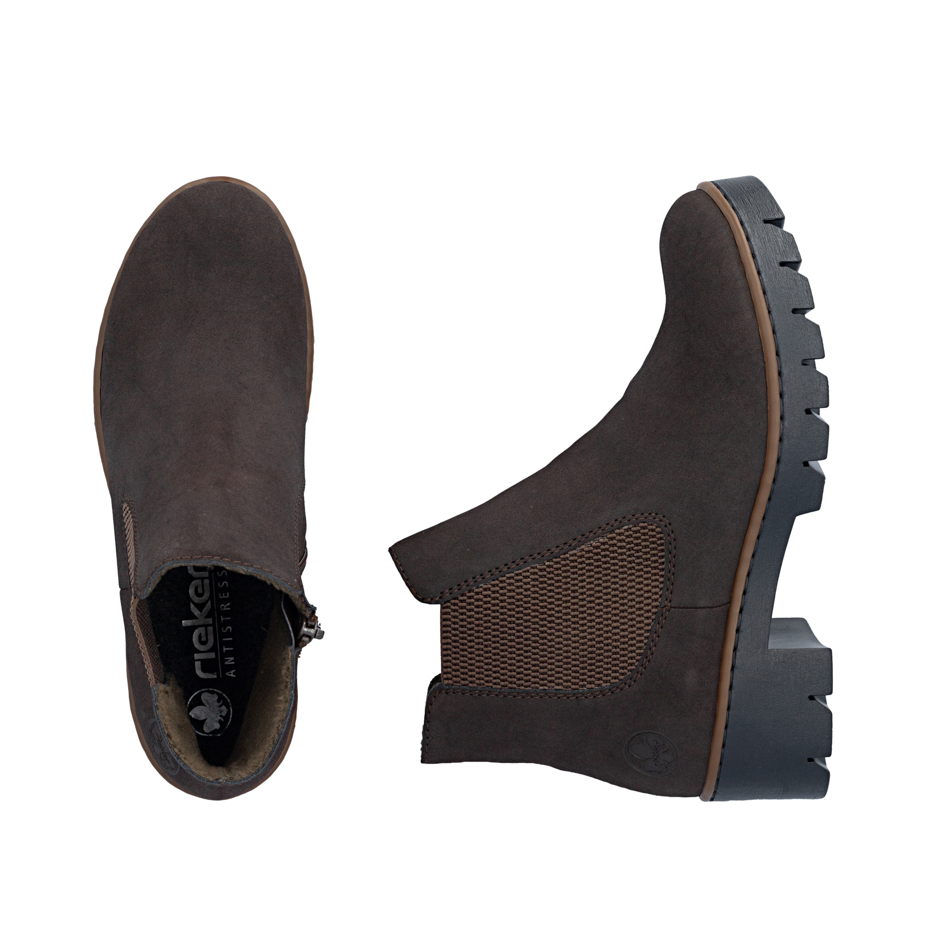 Dunkelbraune Rieker Damen Chelsea Boots X5772-25 mit einem Reißverschluss. Schuh von oben, liegend.