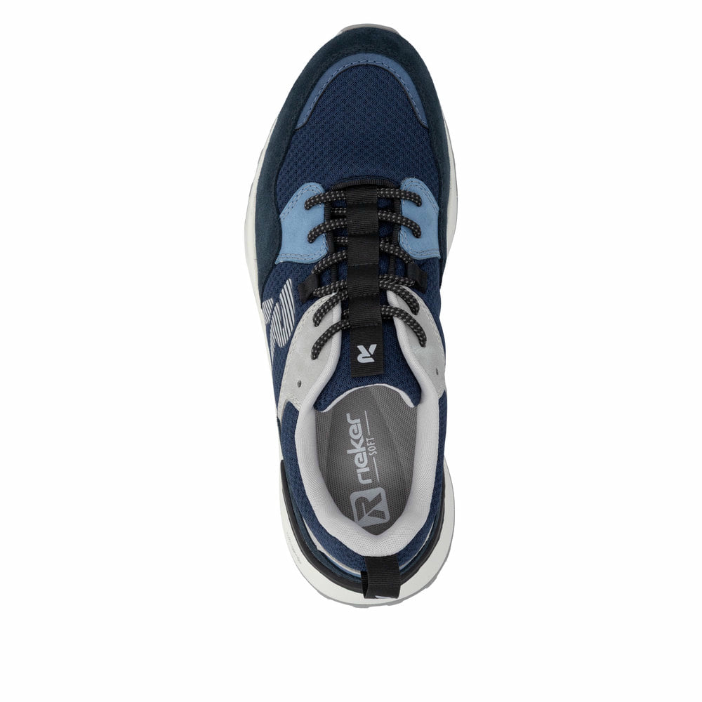 Blaue Rieker Herren Sneaker Low U1305-14 mit Schnürung sowie abgesetztem Logo. Schuh von oben.