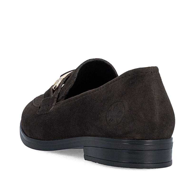 Dunkelbraune Rieker Damen Loafer 46262-25 aus Rauleder mit Schmuckelementen. Schuh von hinten.