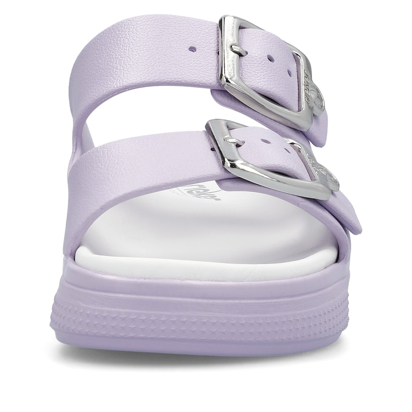 Fliederfarbene Rieker Damen Pantoletten P2180-30 mit einer Schnalle. Schuh von vorne.