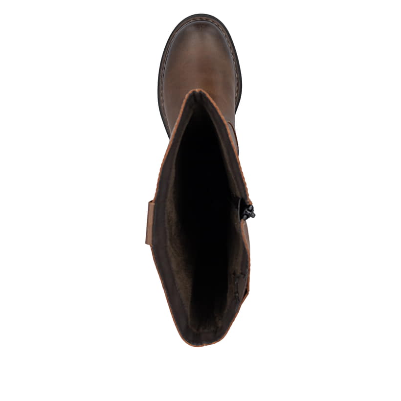 Braune Rieker Damen Hochschaftstiefel 72656-22 mit einem Reißverschluss. Schuh von oben.