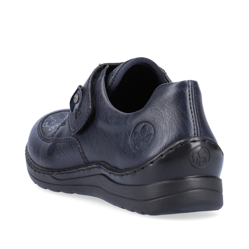 Mocassins Rieker bleus pour femmes 48951-14 avec fermeture velcro. Chaussure vue de l'arrière.