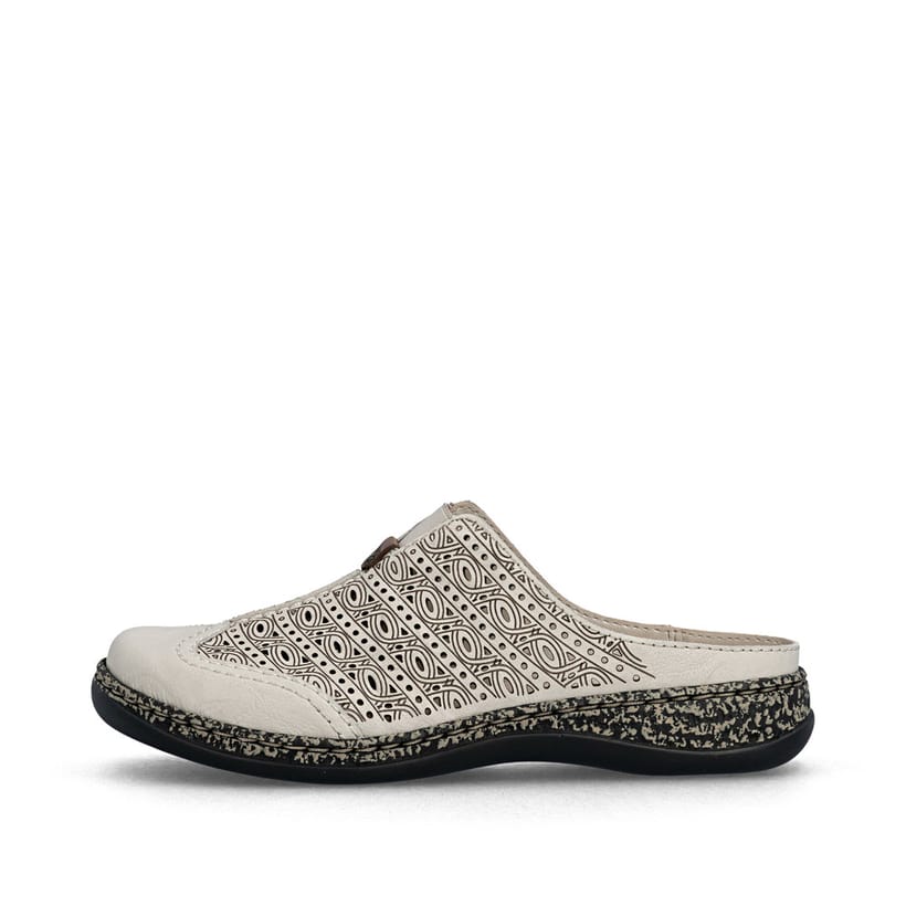 Beige Rieker Damen Clogs 46376-60 aus Glattleder mit eleganten Zierlochungen. Schuh Außenseite.